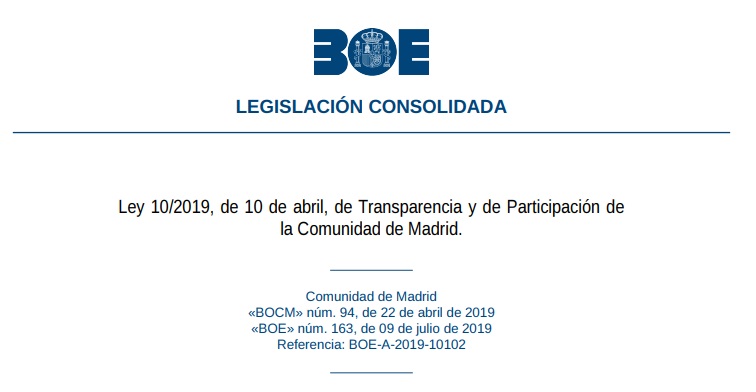 Test de la Ley 10/2019, de 10 de abril, de Transparencia y de Participación de la Comunidad de Madrid